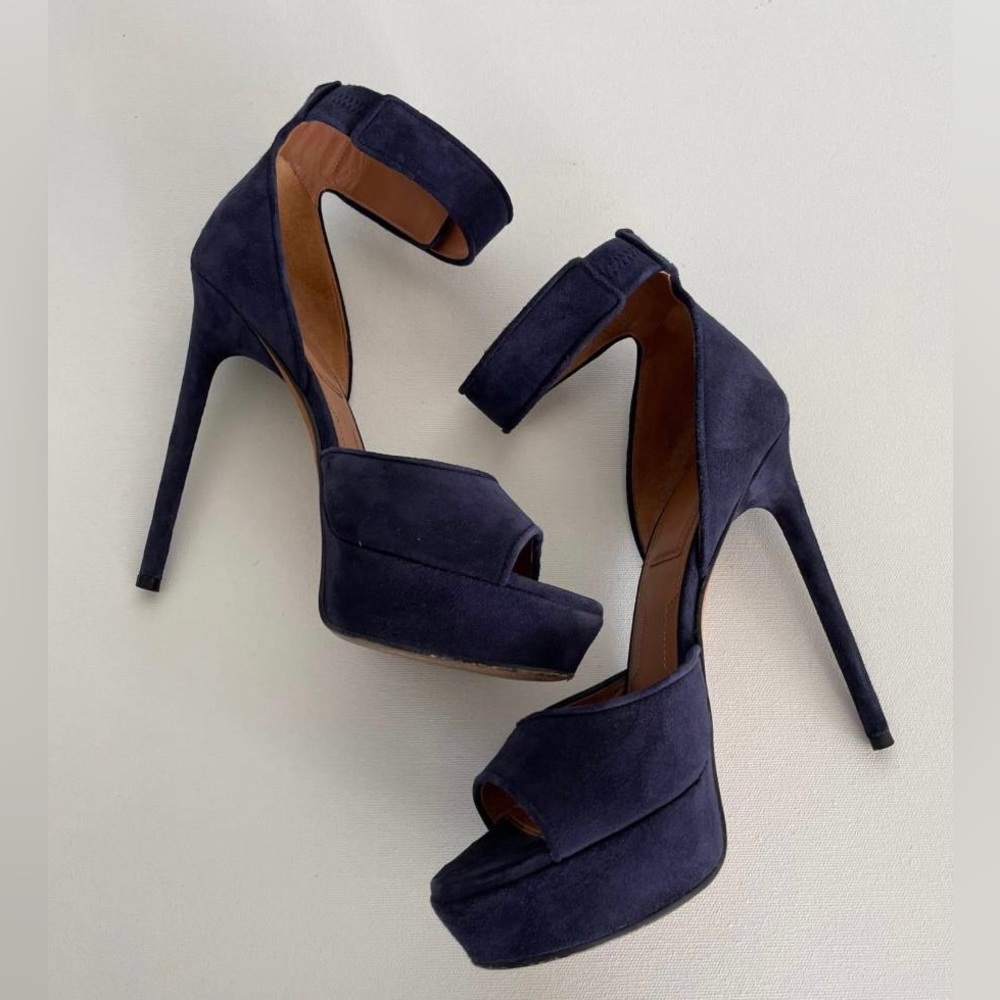 Givenchy Navy Blue Shark Lock Ankle Strap Suede Platform Sandals.